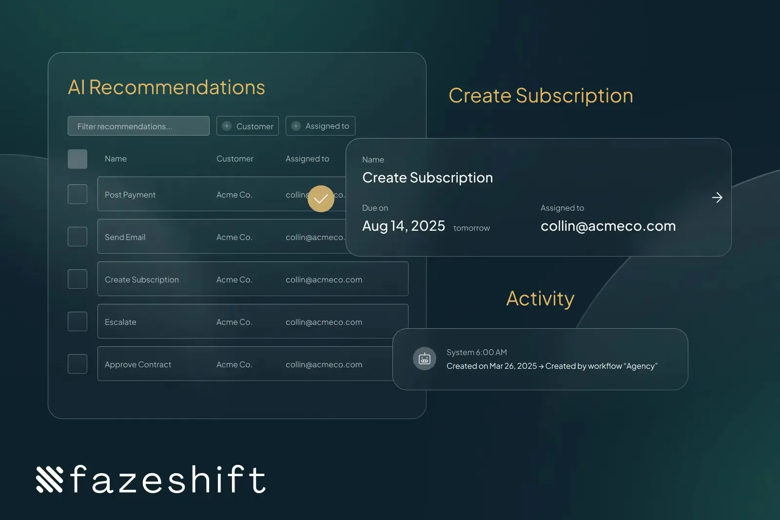 This graphic shows what an AI recommendations page, along with a list of proposed recommendations, would look like in Fazeshift.