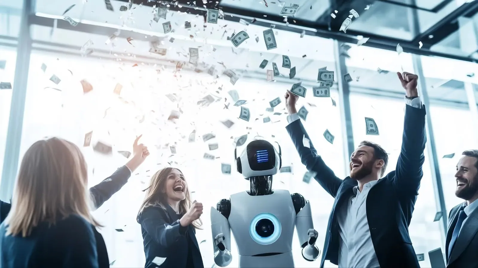 People and robots throwing money in the air
