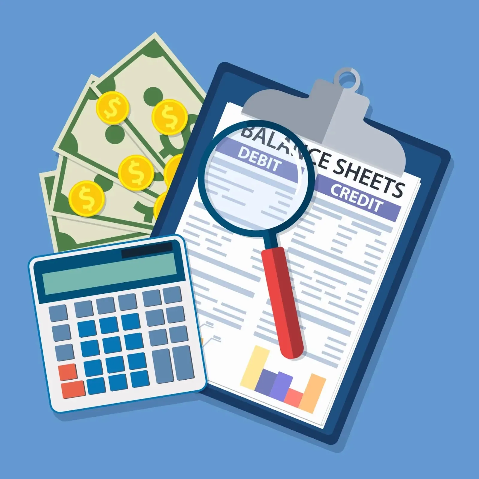 Illustration of a balance sheet under a magnifying glass, with a calculator and cash