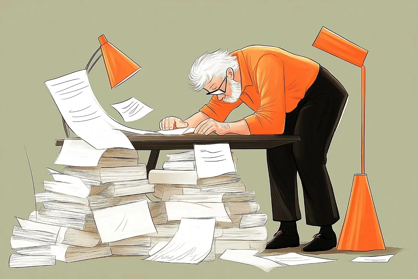 A person bending over a table with paper