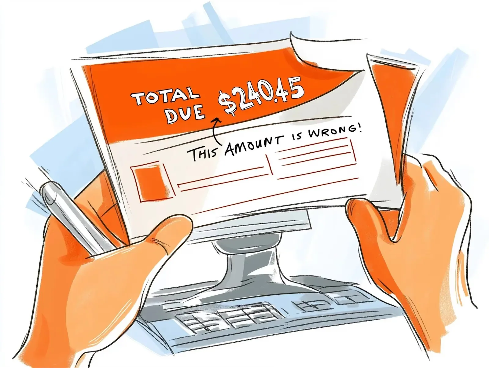 Illustration of a customer holding an invoice for $240.45 marked “This amount is wrong!”
