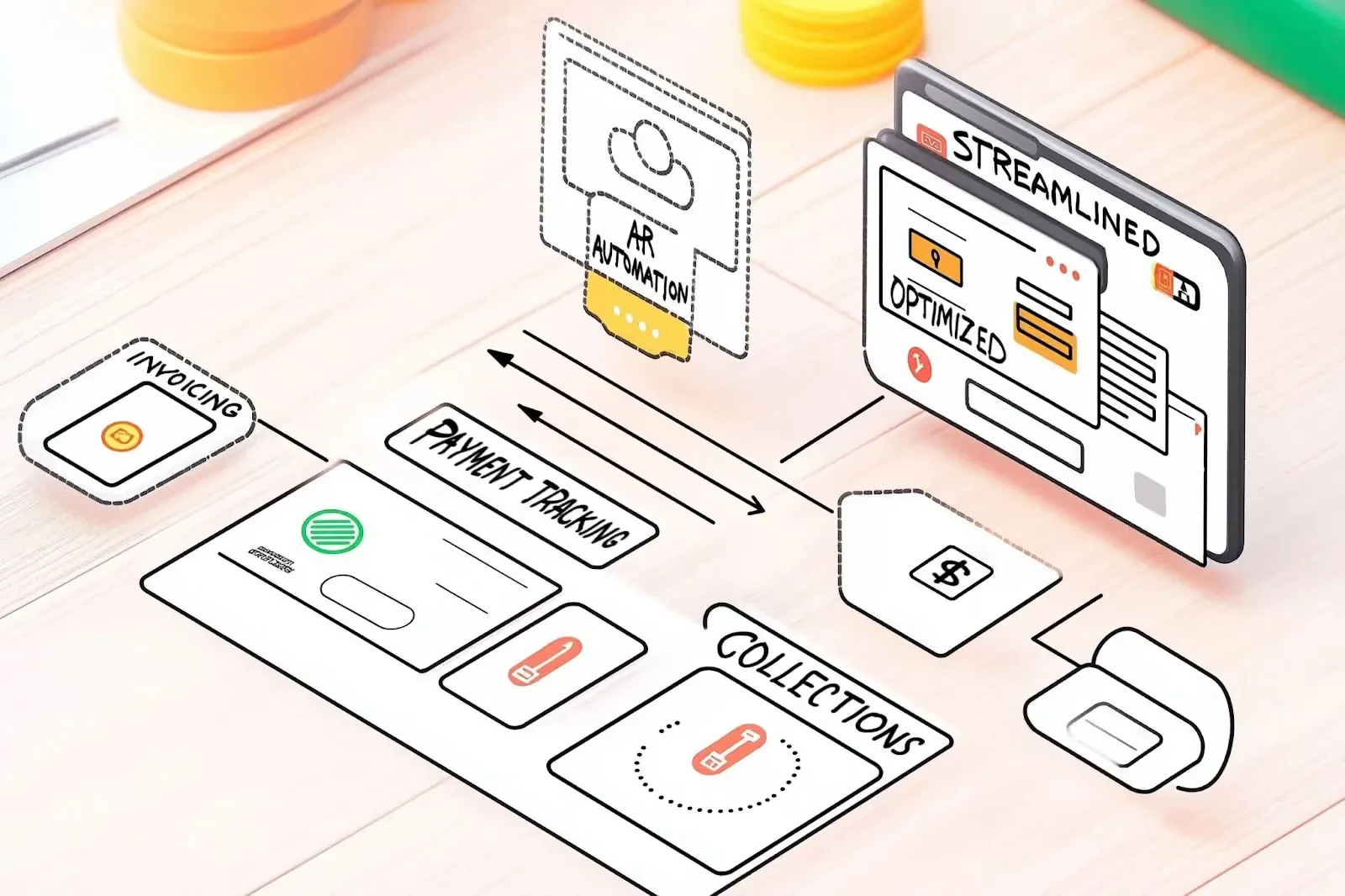 Illustration of an AR automation workflow linking invoicing, payment tracking, and collections