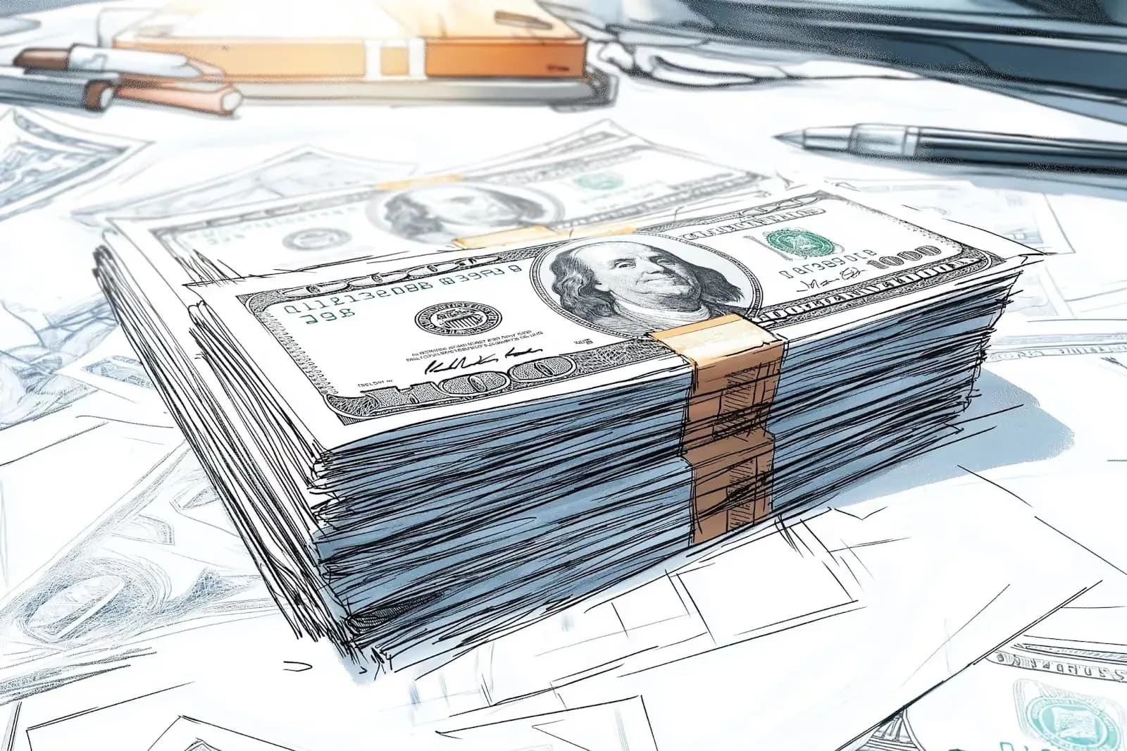 Illustration of a stack of cash on a desk among paperwork