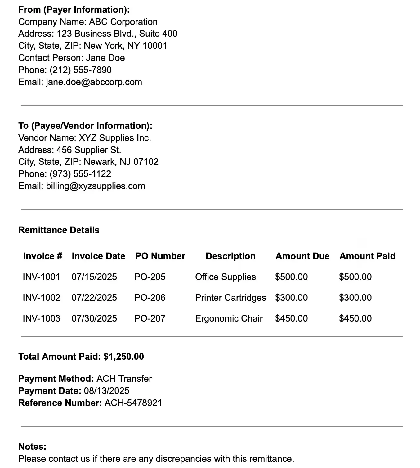 This is an example of what remittance advice would look like from a customer.